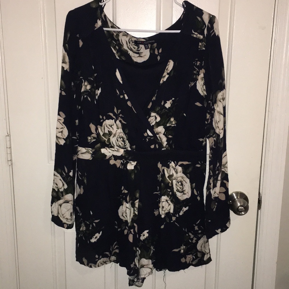 Navy Blue Long Sleeve Floral Romper